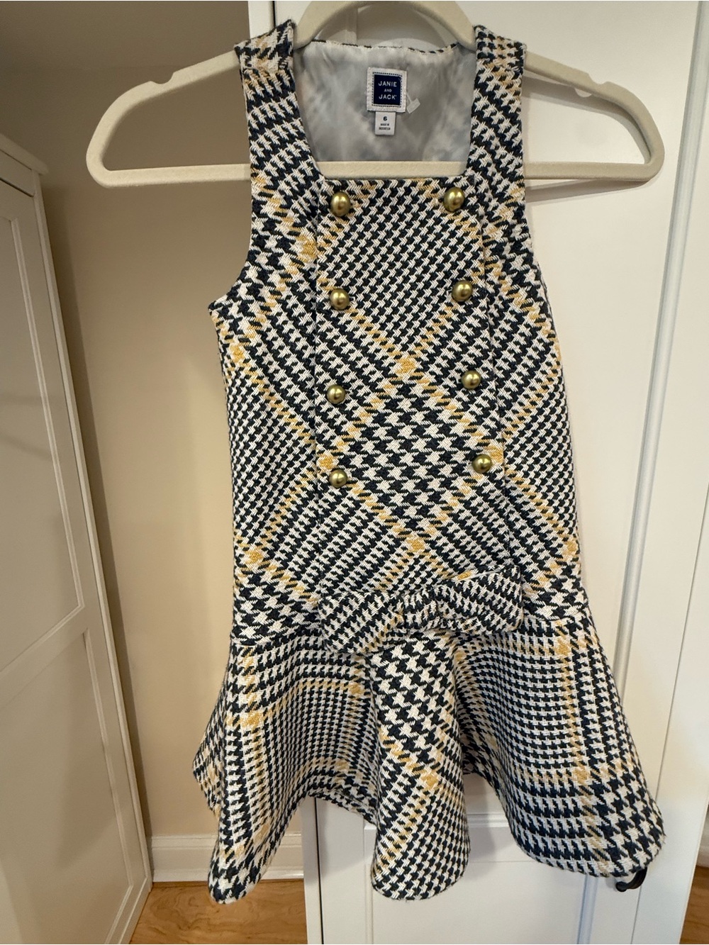 Girls' Navy and Yellow Houndstooth Pinafore Dress